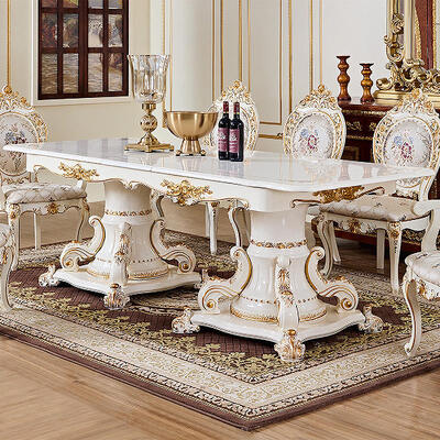 Tavola da pranzo in legno bianco di lusso francese Settile da 6 posti Sedie da villa Arredamento europeo classico Grandi set da pranzo in legno