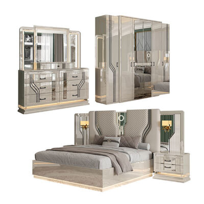 Camera da letto completa di lusso con letto matrimoniale in stile turco moderno per adulti, con struttura in legno e contenitori, set completo per camera da letto king size
