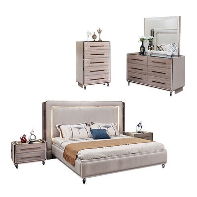 King Size LED Headboard Set letto in pelle di lusso Set camera da letto In legno Cornice Moderna Camera di casa doppia Set completo di mobili da letto