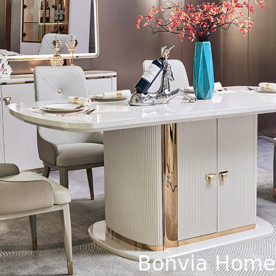 Set di mobili di lusso moderni in legno bianco per sala da pranzo, 6 posti, completo, con grande tavolo da pranzo in legno e sedie