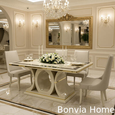 Set di tavolo e sedie da pranzo in legno di lusso bianco per 6 persone, mobili per la casa, sala da pranzo, tavolo da pranzo con credenza e vetrina per vini