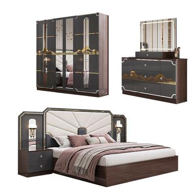Set di mobili moderni di lusso per camera da letto, struttura in legno, letto king-size grigio lucido, suite per camera da letto principale, mobili per camera da letto turchi