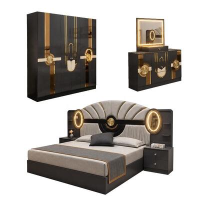 Set completo di camera da letto turco Royal Luxury King Size Camera da letto Suite illuminata Testa in legno Inquadratura moderna Arredamento da letto Set
