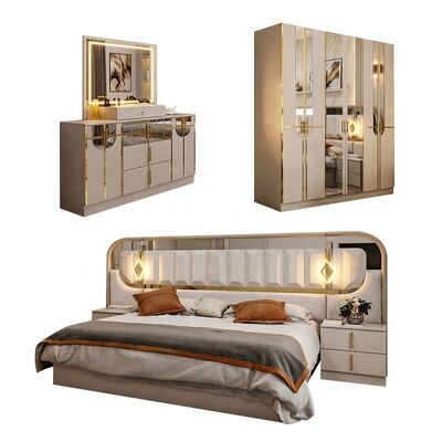 Set completo di lusso reale ad alta lucentezza per camera da letto, letto king size, set di mobili per camera da letto in legno a 5 pezzi, design moderno turco