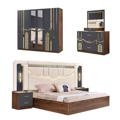 2026 Turkey Style Luxury Bedroom Set King Size Bed Suite Master Room Cornice di legno economico all'ingrosso Modern Bedroom Furniture Set