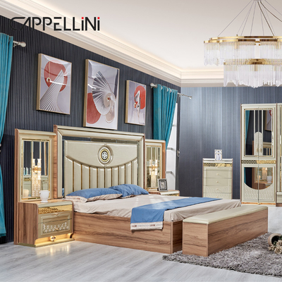 Legno d'oro di lusso doppio cuoio King Size Letto Legno Casa Moderna Set di mobili per camera da letto completa
