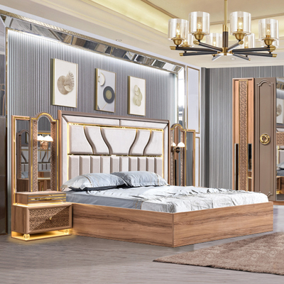 Modello turco di lusso Cornice in legno King Size Set Letto Led Testa Moderna Classica Full Home Set camera da letto in legno Arredamento