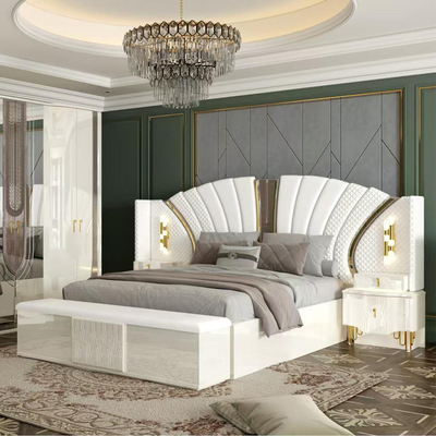 OEM all'ingrosso Bianco Reale di lusso Doppio letto King Size Camera padronale Moderna Casa Cornice di legno Set di mobili per camera da letto completa