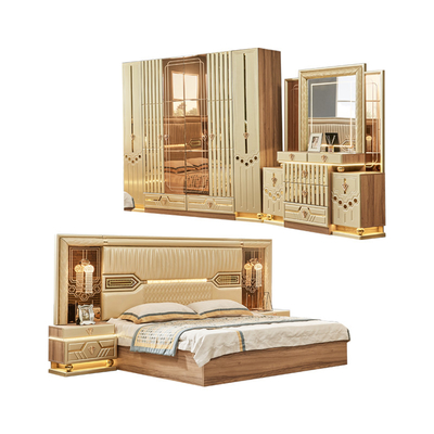 2025 New Modern Design King Size Doppio Letto in Pelle Suite Camera Principiale Completo Set Legno di lusso 5 pezzi Arredamento per la casa Set camera da letto