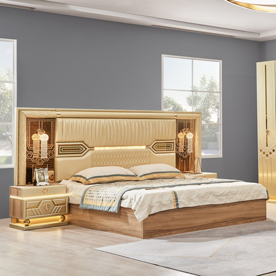 2025 New Modern Design King Size Doppio Letto in Pelle Suite Camera Principiale Completo Set Legno di lusso 5 pezzi Arredamento per la casa Set camera da letto