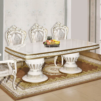 Set da tavolo da pranzo in legno classico antico bianco con 6 sedie, stile europeo, in legno grande, lussuoso, per la casa, sala da pranzo, mobili