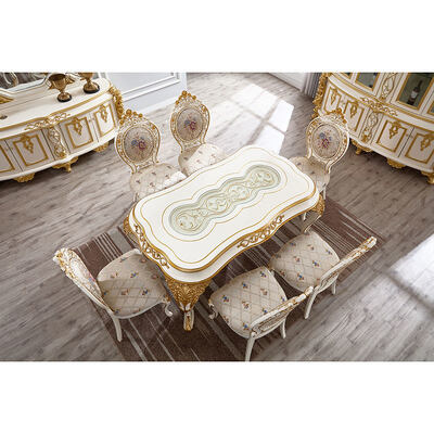 Set da sala da pranzo di lusso reale classico in stile europeo, mobili in oro antico, completi, grandi, per 6 o 8 persone, tavolo da pranzo in legno