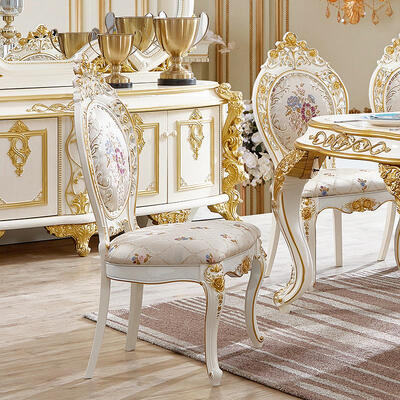 Set da sala da pranzo di lusso reale classico in stile europeo, mobili in oro antico, completi, grandi, per 6 o 8 persone, tavolo da pranzo in legno