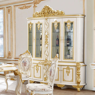 Set da sala da pranzo di lusso reale classico in stile europeo, mobili in oro antico, completi, grandi, per 6 o 8 persone, tavolo da pranzo in legno