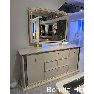 Set di tavolo e sedie da pranzo in legno di lusso bianco per 6 persone, mobili per la casa, sala da pranzo, tavolo da pranzo con credenza e vetrina per vini