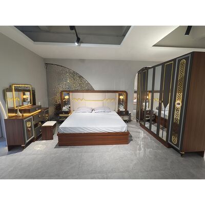Foshan Set completo di camera da letto di lusso all'ingrosso 5 pezzi letto king size Suite con struttura in legno Set di mobili per camera da letto moderni turchi
