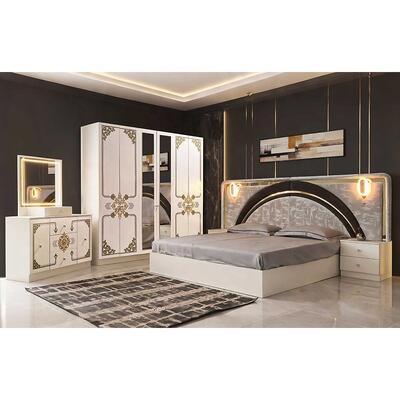 Modern Luxury White Gold Complete Bedroom Sets High Gloss LED Headboard King Size Bed In legno Master Frame Set di mobili per la camera da letto