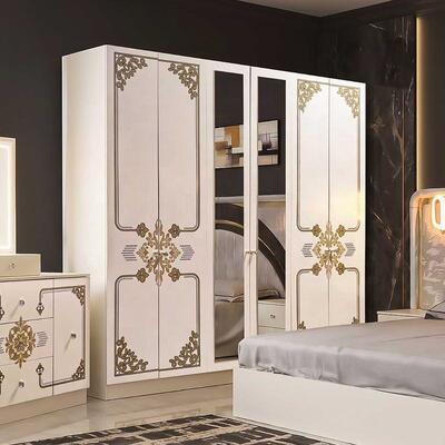 Modern Luxury White Gold Complete Bedroom Sets High Gloss LED Headboard King Size Bed In legno Master Frame Set di mobili per la camera da letto