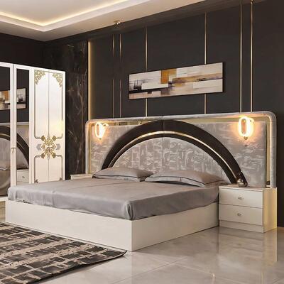 Modern Luxury White Gold Complete Bedroom Sets High Gloss LED Headboard King Size Bed In legno Master Frame Set di mobili per la camera da letto