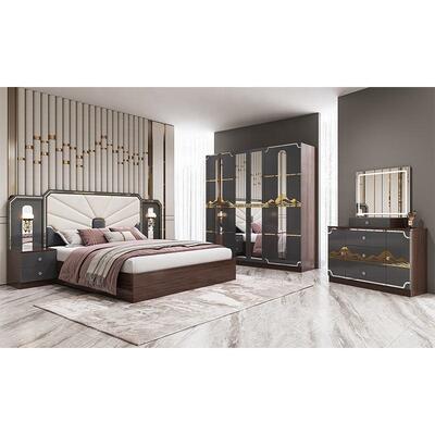 Set di mobili moderni di lusso per camera da letto, struttura in legno, letto king-size grigio lucido, suite per camera da letto principale, mobili per camera da letto turchi