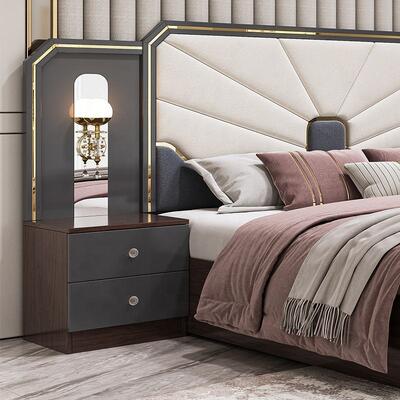 Set di mobili moderni di lusso per camera da letto, struttura in legno, letto king-size grigio lucido, suite per camera da letto principale, mobili per camera da letto turchi