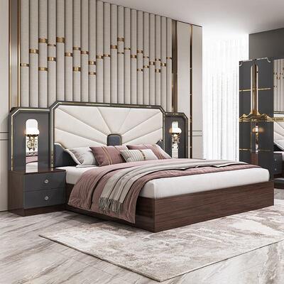 Set di mobili moderni di lusso per camera da letto, struttura in legno, letto king-size grigio lucido, suite per camera da letto principale, mobili per camera da letto turchi