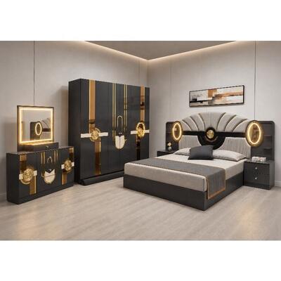 Set completo di camera da letto turco Royal Luxury King Size Camera da letto Suite illuminata Testa in legno Inquadratura moderna Arredamento da letto Set