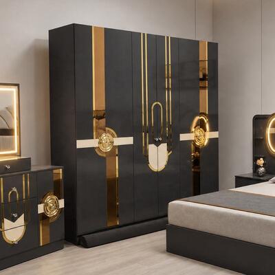 Set completo di camera da letto turco Royal Luxury King Size Camera da letto Suite illuminata Testa in legno Inquadratura moderna Arredamento da letto Set