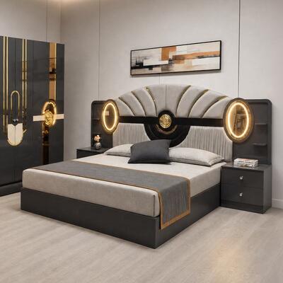 Set completo di camera da letto turco Royal Luxury King Size Camera da letto Suite illuminata Testa in legno Inquadratura moderna Arredamento da letto Set