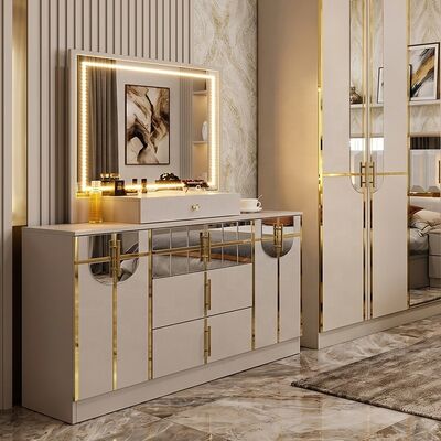 Set completo di lusso reale ad alta lucentezza per camera da letto, letto king size, set di mobili per camera da letto in legno a 5 pezzi, design moderno turco