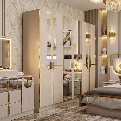 Set completo di lusso reale ad alta lucentezza per camera da letto, letto king size, set di mobili per camera da letto in legno a 5 pezzi, design moderno turco