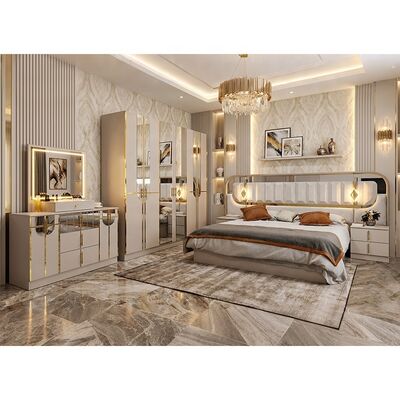 Set completo di lusso reale ad alta lucentezza per camera da letto, letto king size, set di mobili per camera da letto in legno a 5 pezzi, design moderno turco