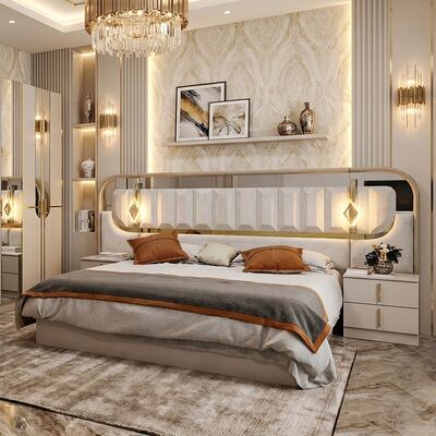 Set completo di lusso reale ad alta lucentezza per camera da letto, letto king size, set di mobili per camera da letto in legno a 5 pezzi, design moderno turco