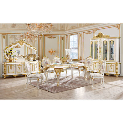 Set da sala da pranzo di lusso reale classico in stile europeo, mobili in oro antico, completi, grandi, per 6 o 8 persone, tavolo da pranzo in legno