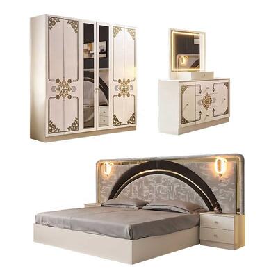 Modern Luxury White Gold Complete Bedroom Sets High Gloss LED Headboard King Size Bed In legno Master Frame Set di mobili per la camera da letto